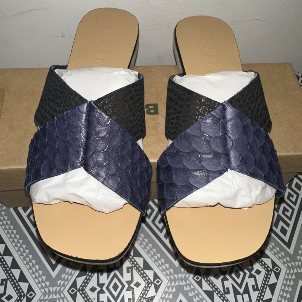 ALL BLACK Women Size 38 Two Tone Fishskin Leather Slide‎ Sandals Navy/Black LUX
